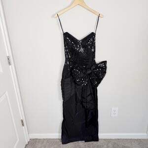 Vintage 80s 90s Lillie Rubin Black Sequin Strapless Maxi Dress Bow Size 6